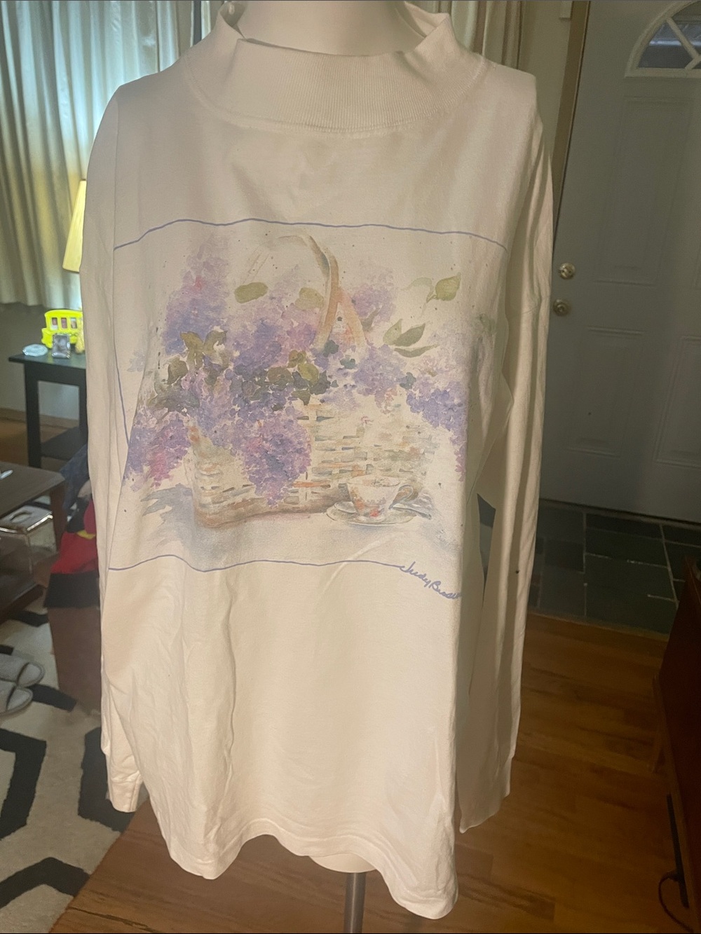 Judy Buswell White Long Sleeve Tee with Buswell Art Lavender Basket Print
